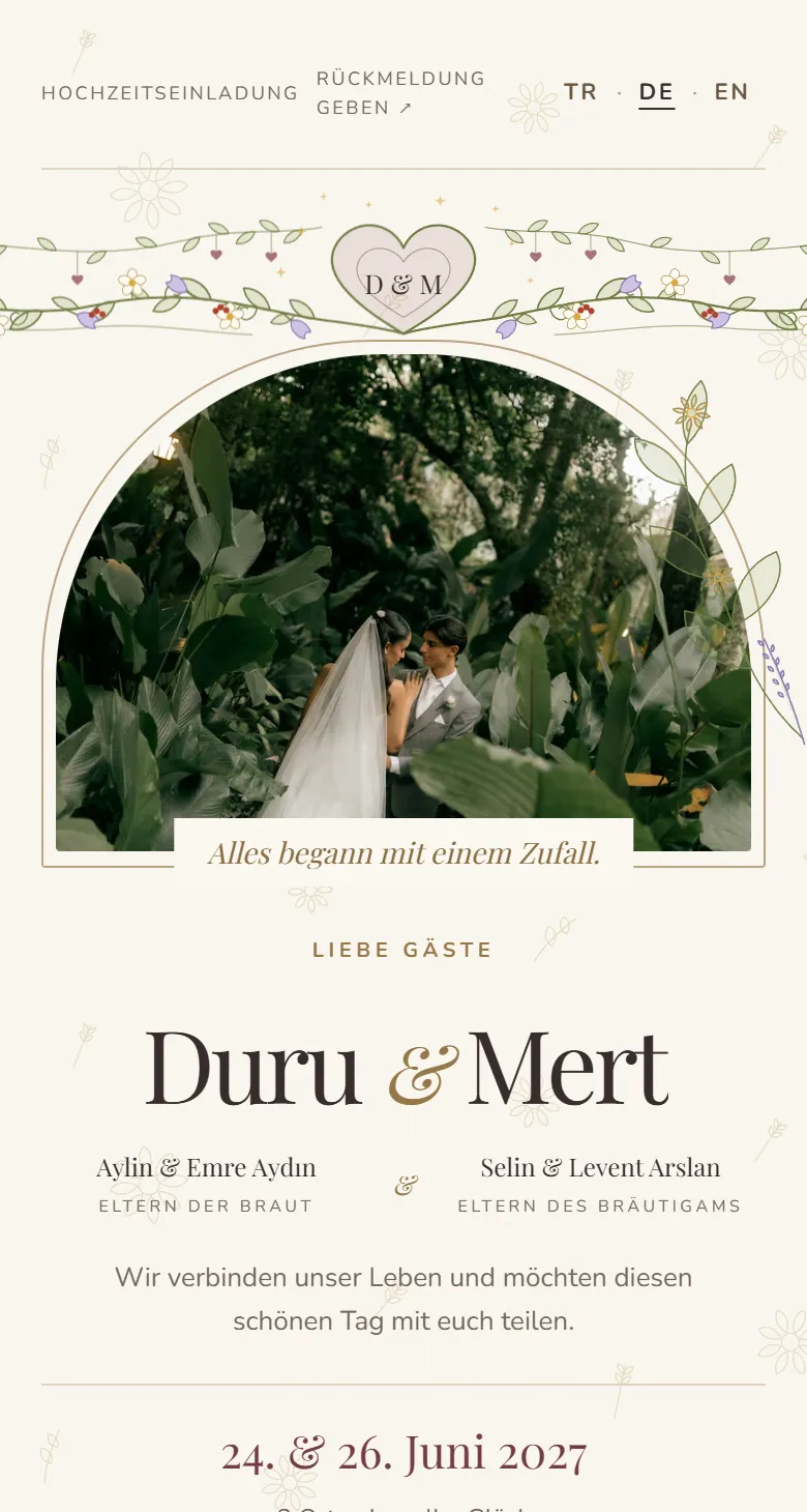 Digitale Hochzeitseinladung: Titel mit Lorbeerkranz und Initialen
