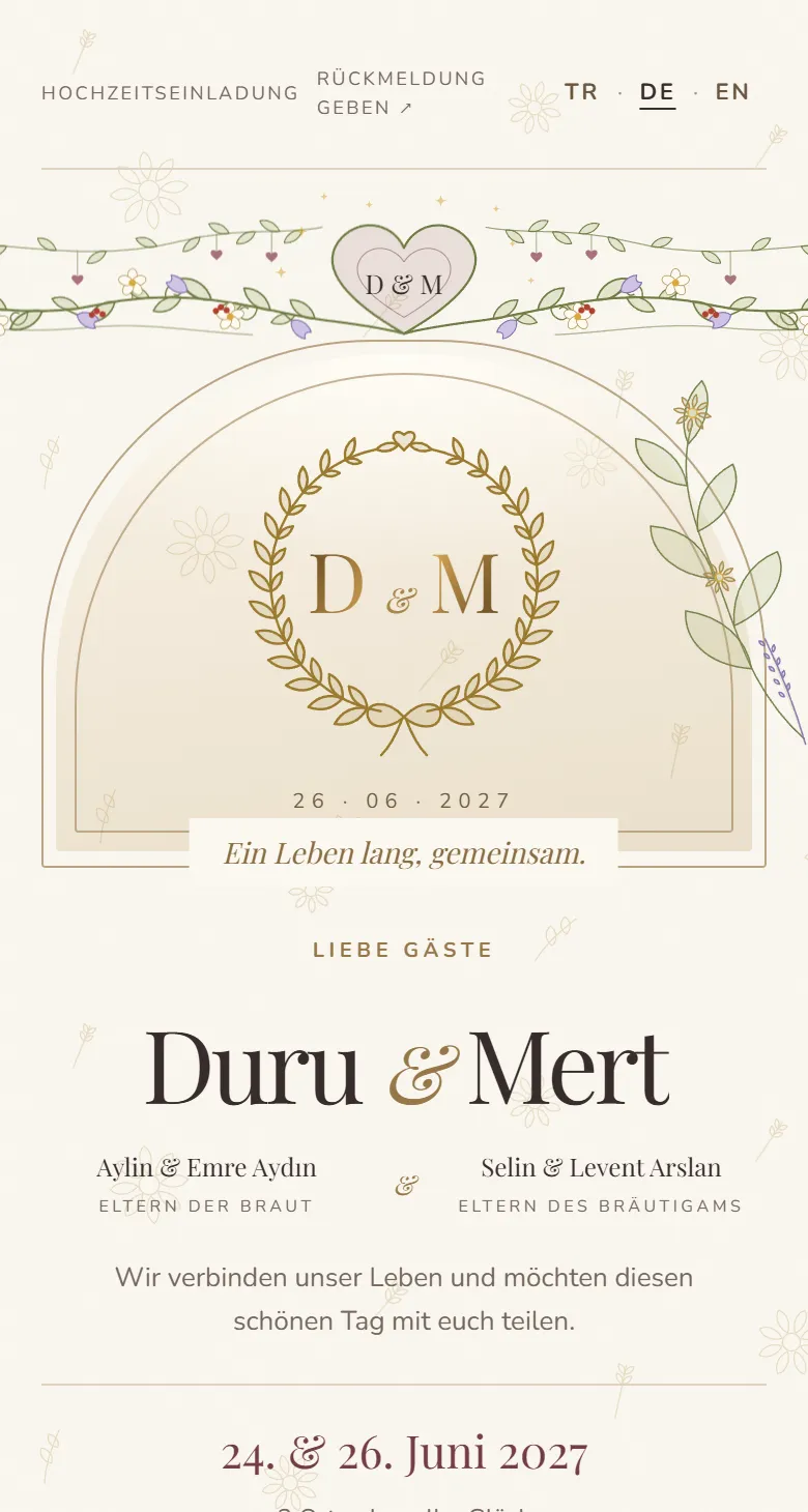 Beispiel einer digitalen Hochzeitseinladung auf dem Handy: Titel mit Initialen und den Namen des Paares