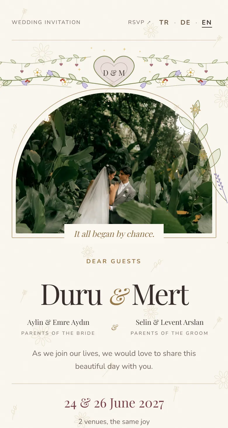 Digital wedding invitation: cover with a laurel wreath and initials