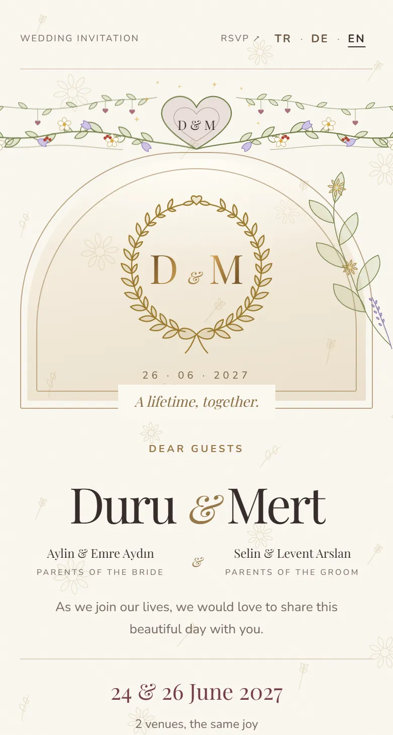 Example of a digital wedding invitation on a phone: cover with initials and the couple’s names
