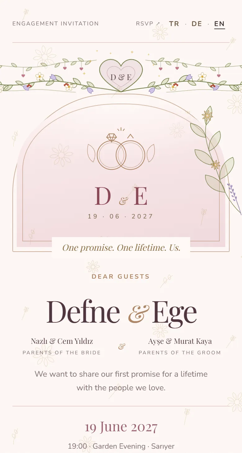 Digital engagement invitation: cover and the couple’s names
