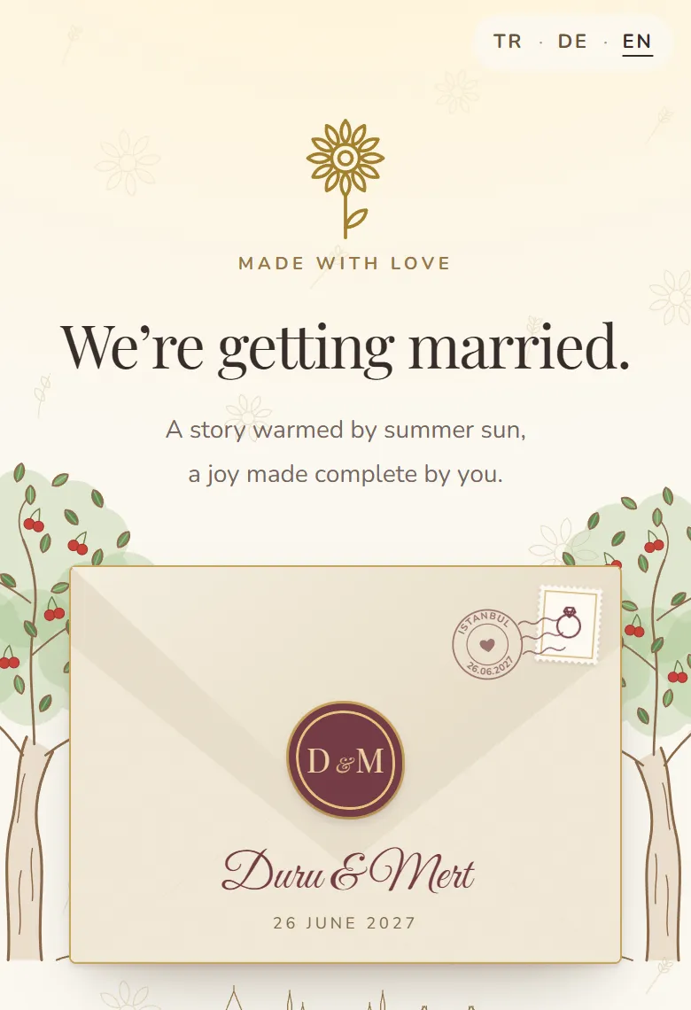 Envelope screen of the invitation with the couple’s names
