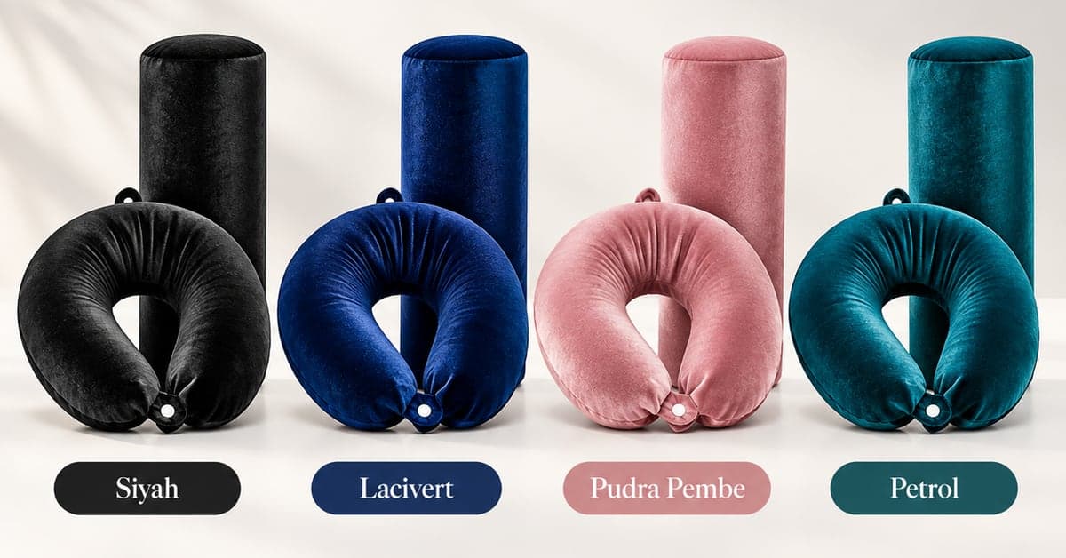 Siyah, lacivert, pudra pembe ve petrol renklerde visco U boyun yastığı ve silindir yastık