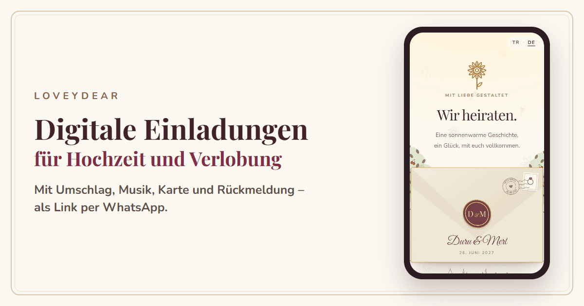 WhatsApp-Vorschau der Einladung: versiegelter Umschlag mit den Namen des Paares