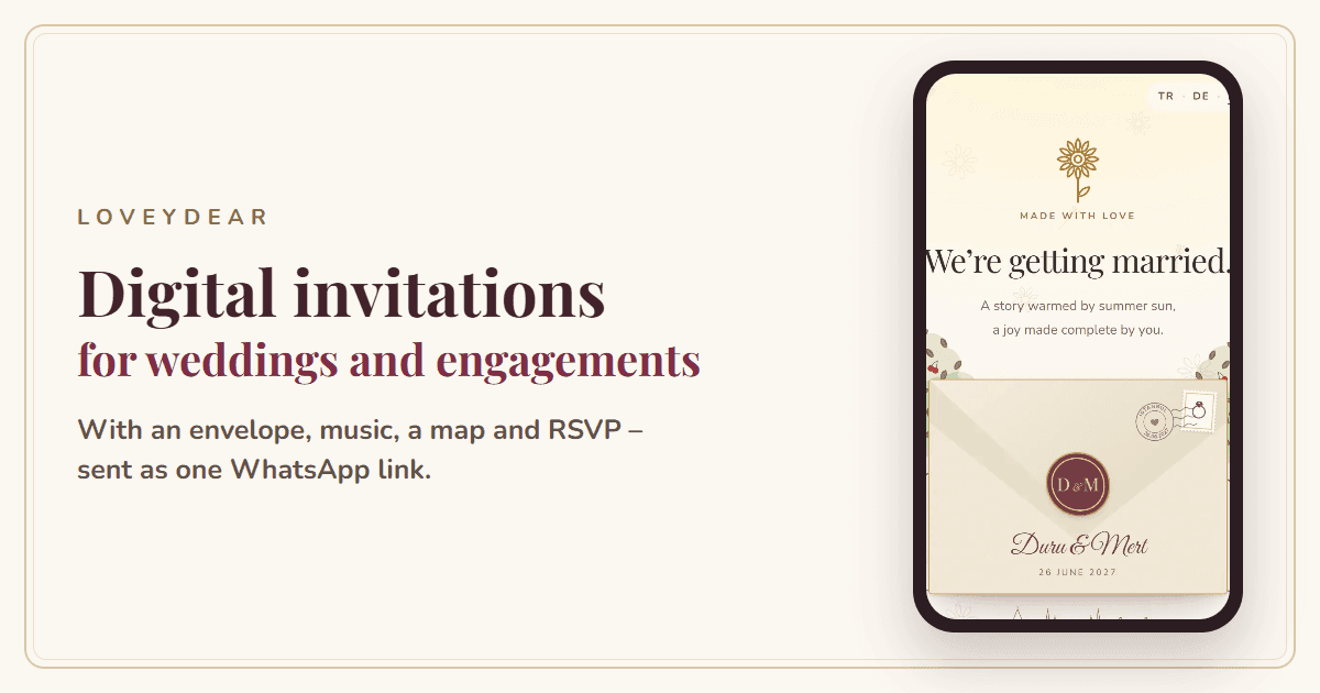 WhatsApp preview of the invitation: sealed envelope with the couple’s names