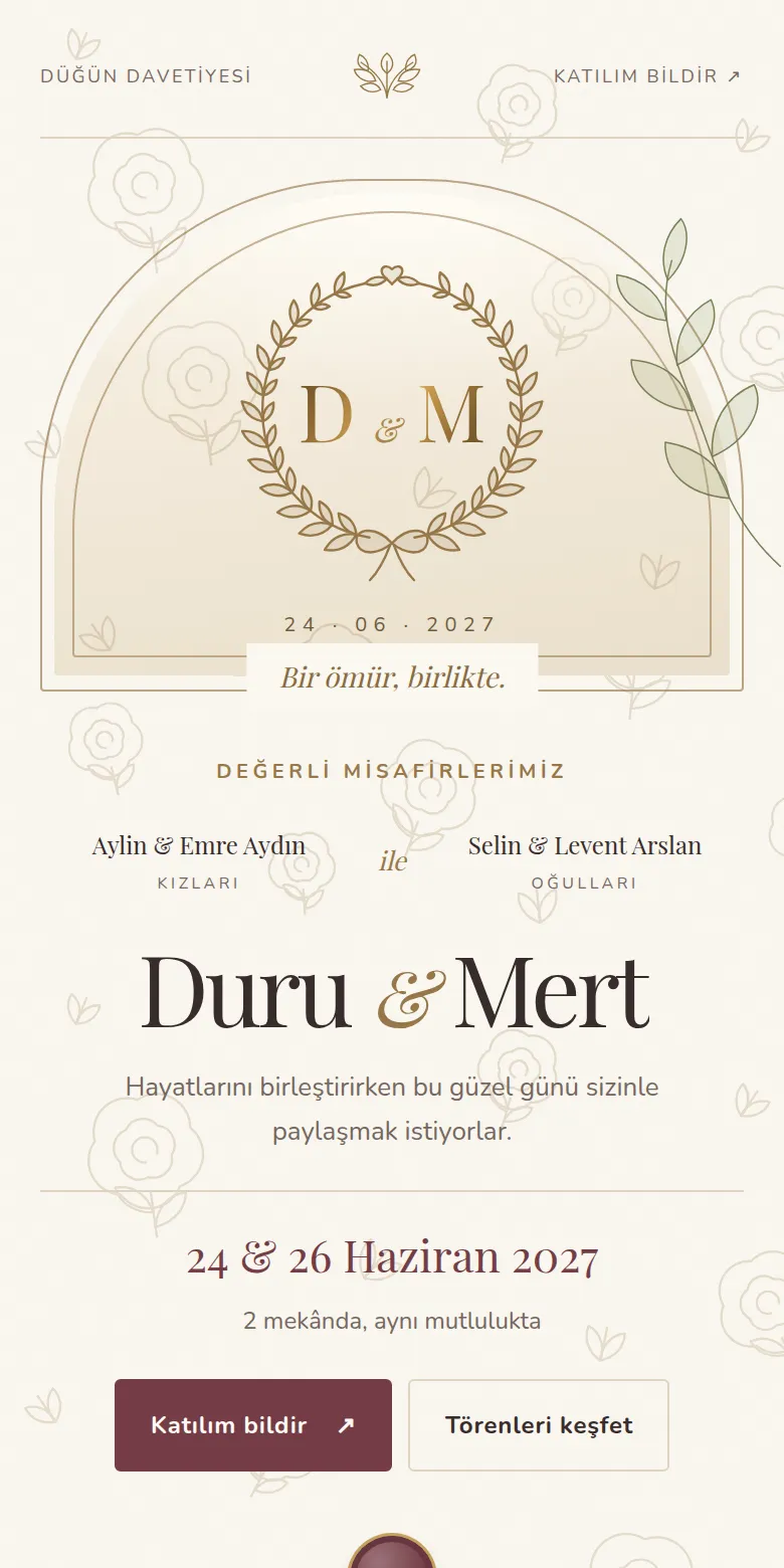 Fotoğrafsız dijital düğün davetiyesi: defne çelenginin ortasında D ve M baş harfleri