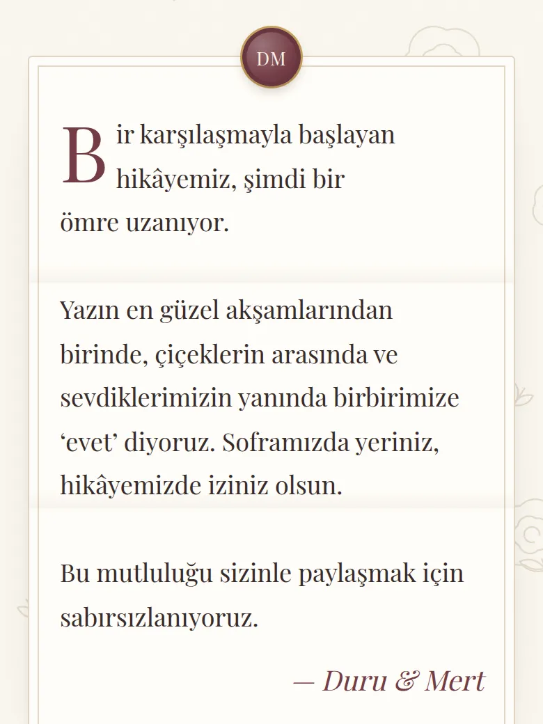 Davetiyedeki mektup: mühürlü kâğıt, büyük ilk harf ve çiftin imzası