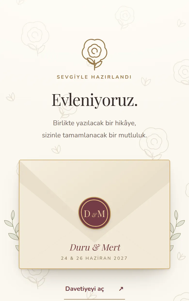 Davetiyenin zarf ekranı: Evleniyoruz, üzerinde Duru & Mert yazan mühürlü zarf