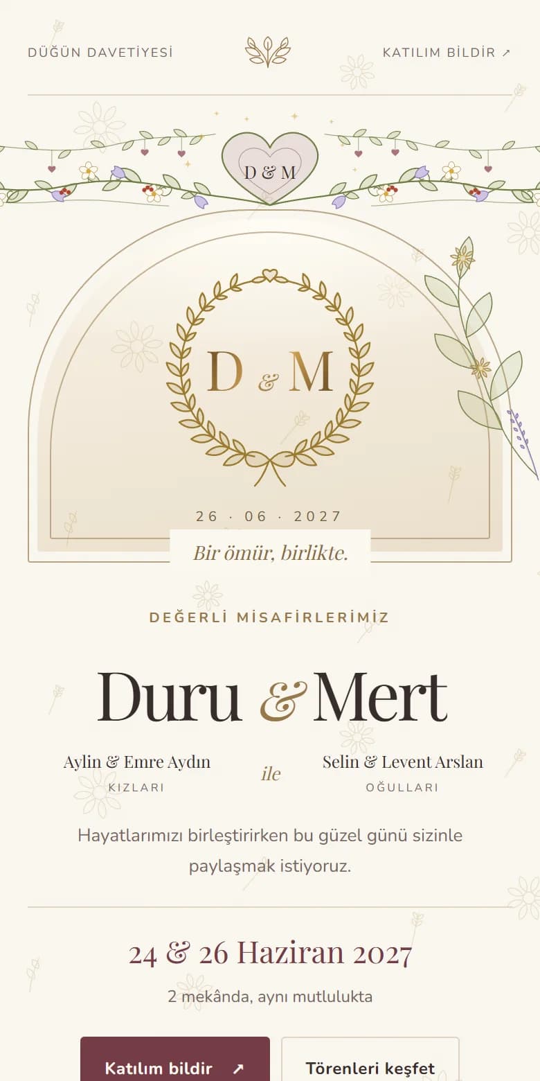 Örnek dijital düğün davetiyesi: kemerli kapak fotoğrafı, ailelerin adları ve Duru & Mert