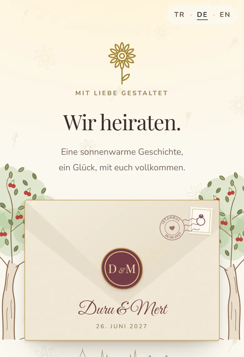 Umschlag-Bildschirm der Einladung mit den Namen des Paares